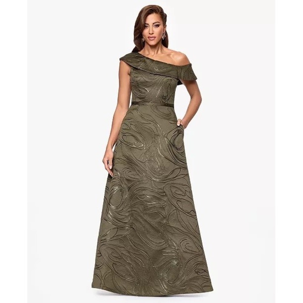 NWT XSCAPE Gown Women Green Metallic Jacquard One Shoulder Ruffle Dress 4 $258